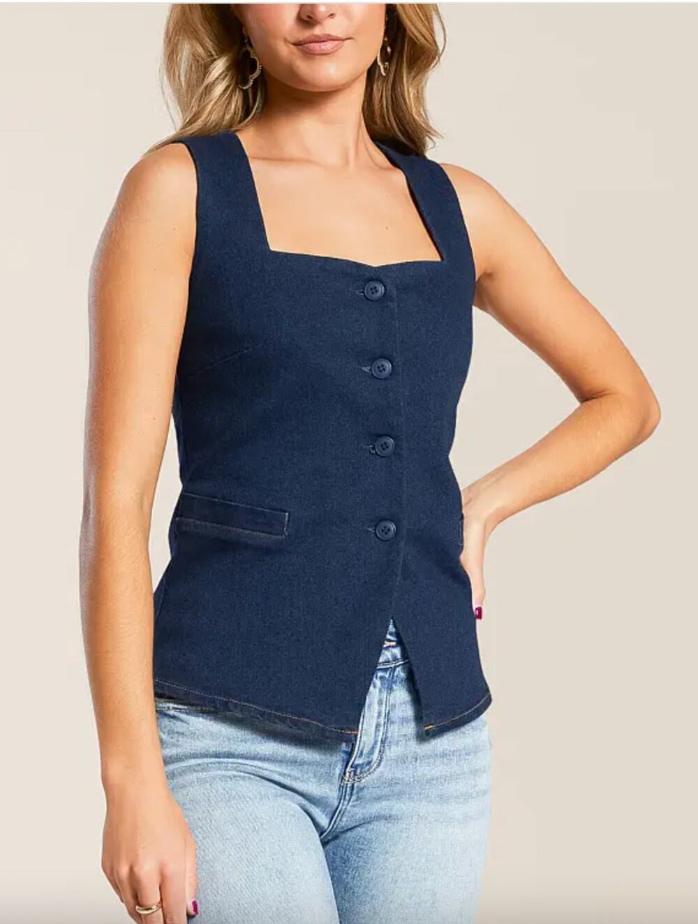 Blu Pepper Square Neck Button Front Denim Tank Top Navy Blue Preppy Size Large